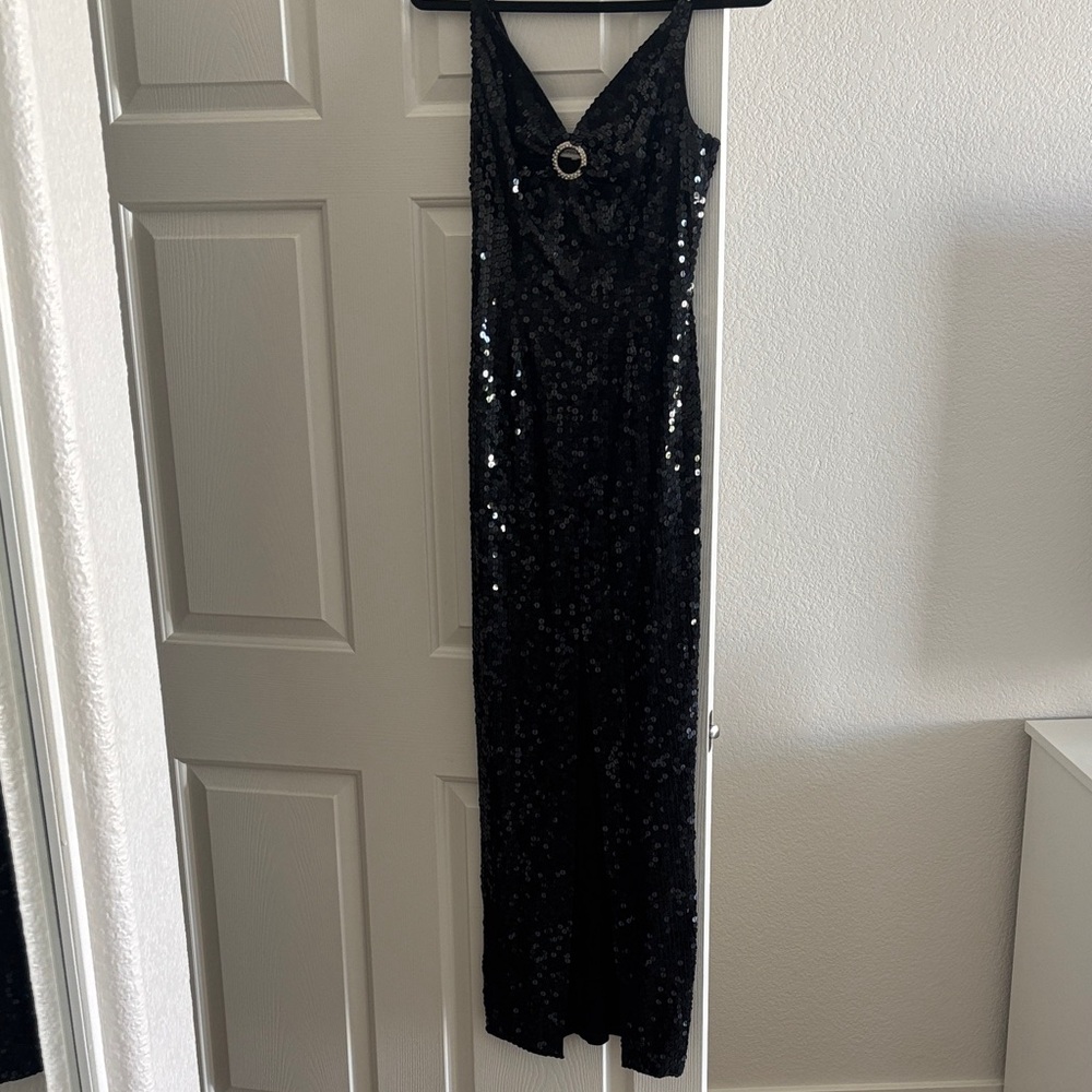 Vintage Niteline Black Sequin V-Neck Evening Dress with Buckle Detail